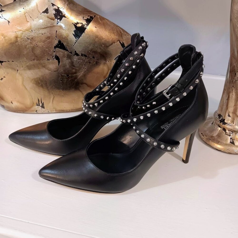 Studded Ankle-Strap Pointed-Toe Pumps - Black